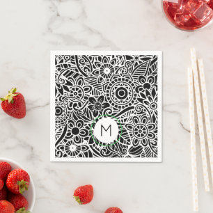 Serviette En Papier Moderne Floral Mandela Noir Blanc INITIAL Preppy
