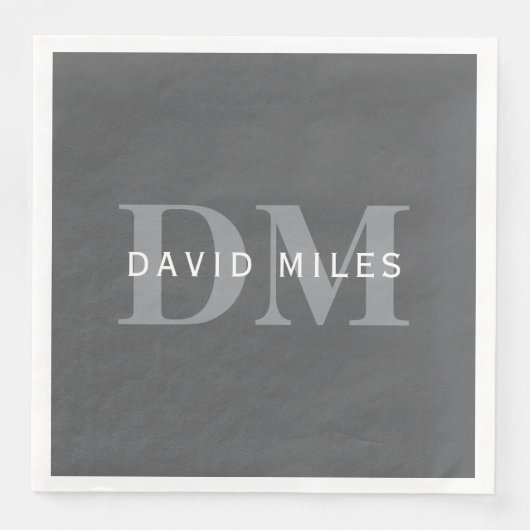 Serviette En Papier Moderne Monogramme & Nom Élégant Gris Foncé (Devant)
