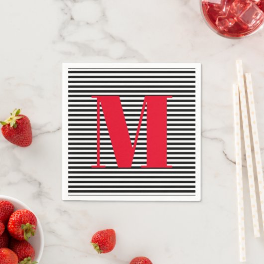 Serviette En Papier Moderne monogramme rouge noir rayures blanches ini (En situation)