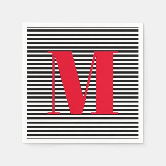 Serviette En Papier Moderne monogramme rouge noir rayures blanches ini (Devant)