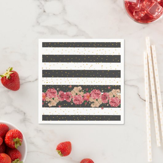 Serviette En Papier Moderne noir rayures or faux parties scintillant f (En situation)