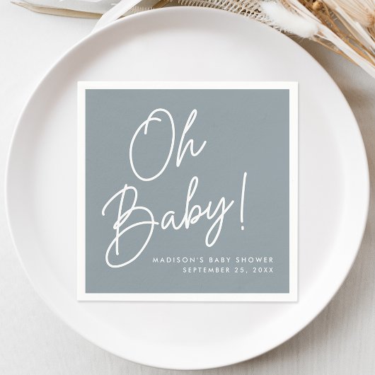 Serviette En Papier Moderne Oh Baby Script Dusty Baby shower bleu