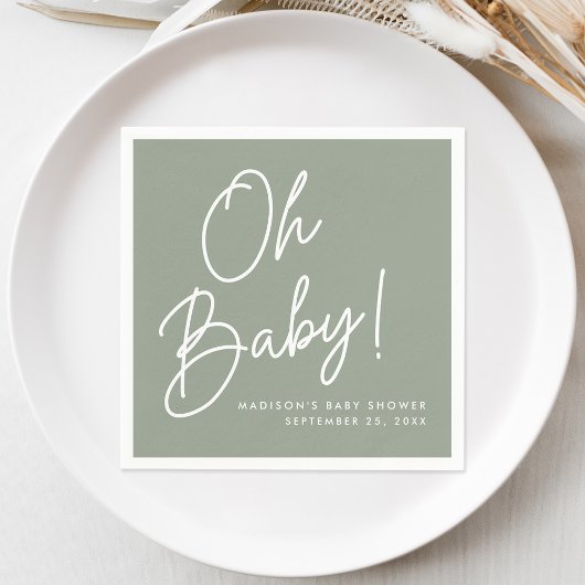 Serviette En Papier Moderne Oh Baby Script Sage Baby shower vert