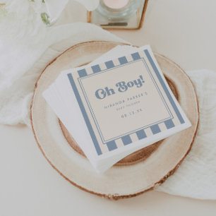Serviette En Papier Moderne "Oh Boy!" Rétro Baby-Shower rayé bleu