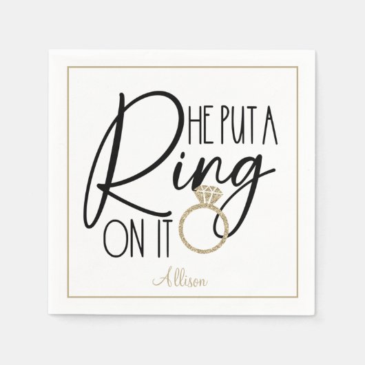 Serviette En Papier Moderne Or Noir Nom Il a mis une bague dessus (Devant)