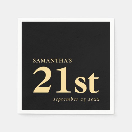 Serviette En Papier Moderne personnalisé Black Gold 21ème Nom Date (Devant)