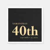 Serviette En Papier Moderne personnalisé Black Gold 40e Nom Date (Devant)