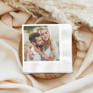 Serviette En Papier Moderne Photo de Mariage avec Texte Mr et Mme