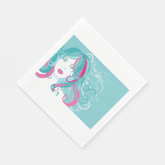 Serviette En Papier Moderne Pop Art femme Turquoise et rose cheveux (Coin)