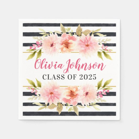 Serviette En Papier Moderne rose floral noir rayures sur mesure Gradua (Devant)