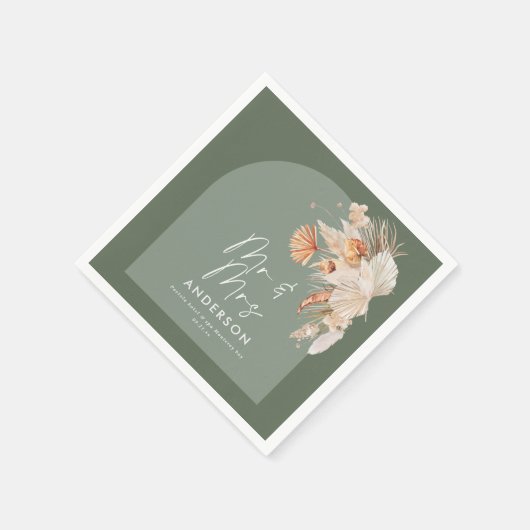 Serviette En Papier moderne sauge vert bohème pampas herbe M & Mme (Coin)