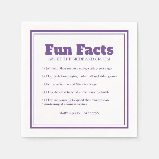 Serviette En Papier Moderne Simple Minimal Purple Fun Facts Mariage (Devant)