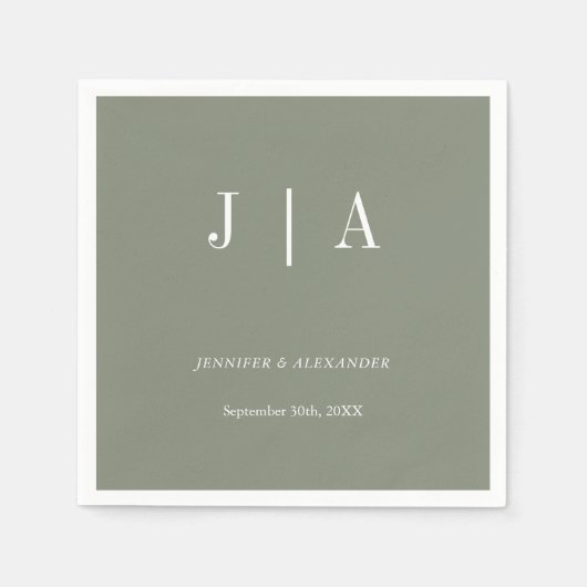 Serviette En Papier Moderne simple Monogramme Sage Vert Mariage blanc (Devant)