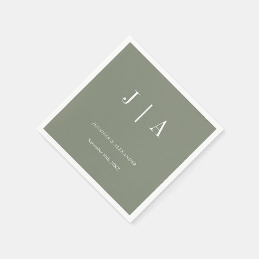 Serviette En Papier Moderne simple Monogramme Sage Vert Mariage blanc (Coin)