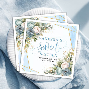 Serviette En Papier Moderne Sweet Sixteen Bleu Floral Pailleté 
