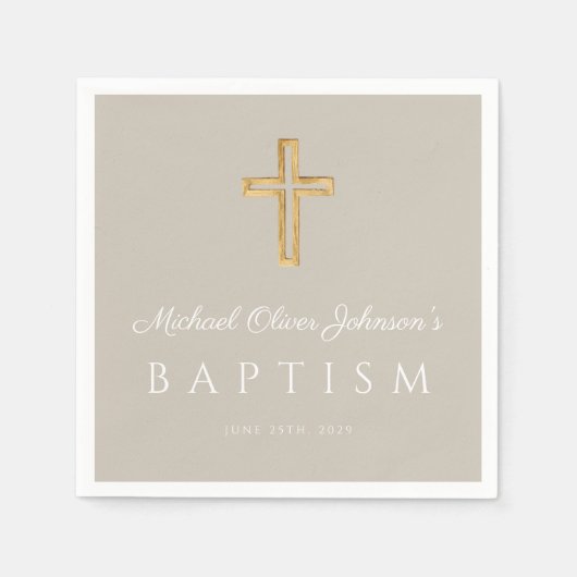 Serviette En Papier Moderne Taupe Croix Religieuse Baptême (Devant)