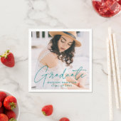 Serviette En Papier Moderne Turquoise Script photo Graduation (En situation)