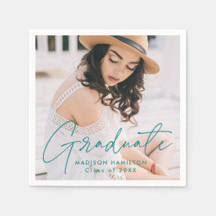 Serviette En Papier Moderne Turquoise Script photo Graduation