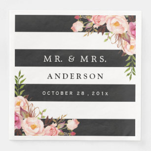 Serviette En Papier Moderne Vintage Floral Noir Blancs Mariage