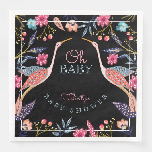 Serviette En Papier Mon bébé | Chic Baby shower floral de cigogne (Devant)