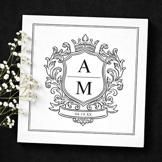 Serviette En Papier Monogram Crest Black and White Paper Wedding