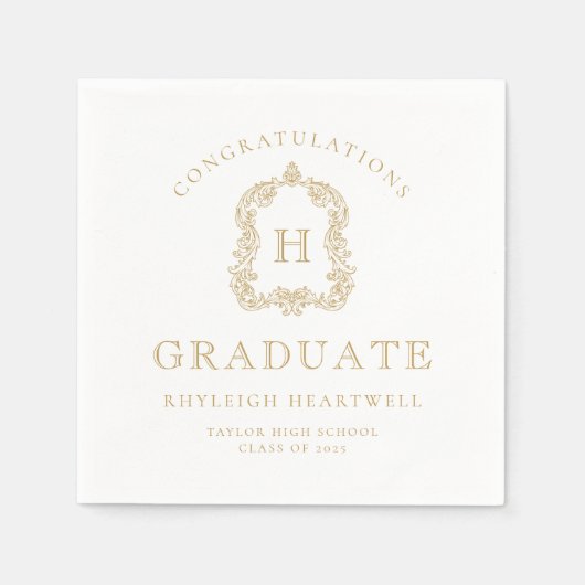Serviette En Papier Monogram Crest Gold White Graduation Party (Devant)