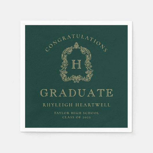 Serviette En Papier Monogram Crest Green Gold Graduation Party (Devant)
