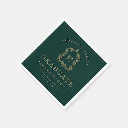 Serviette En Papier Monogram Crest Green Gold Graduation Party (Coin)