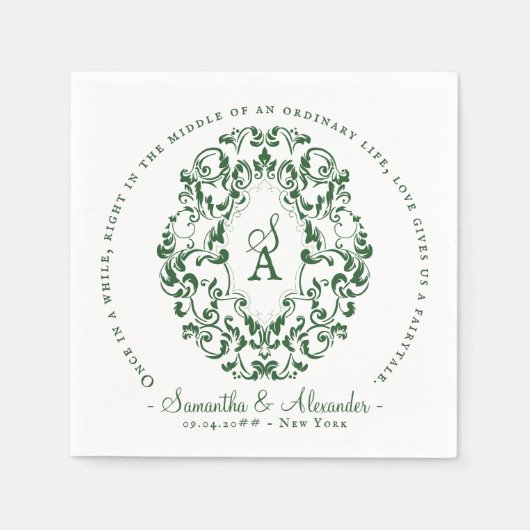 Serviette En Papier Monogram Crest Vieux Imprimer Emerald Green Mariag (Devant)