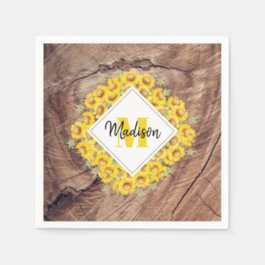 Serviette En Papier Monogram de Rustic Sunflowers & Wood Texture (Devant)