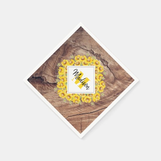 Serviette En Papier Monogram de Rustic Sunflowers & Wood Texture (Coin)