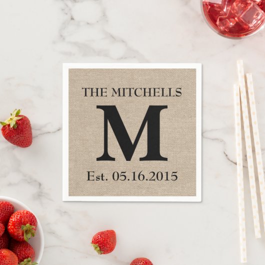 Serviette En Papier Monogram faux lin burlap rustique chic tout de sui (En situation)