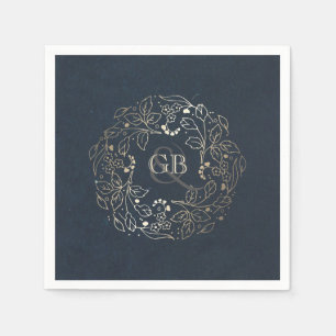 Serviette En Papier Monogram Floral Vintage Navy et Mariage or