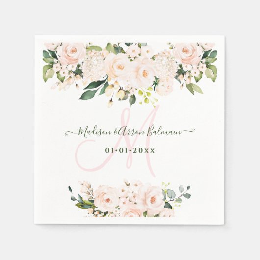 Serviette En Papier Monogram Roses Roses Eucalyptus Rose Clair Tout Év (Devant)