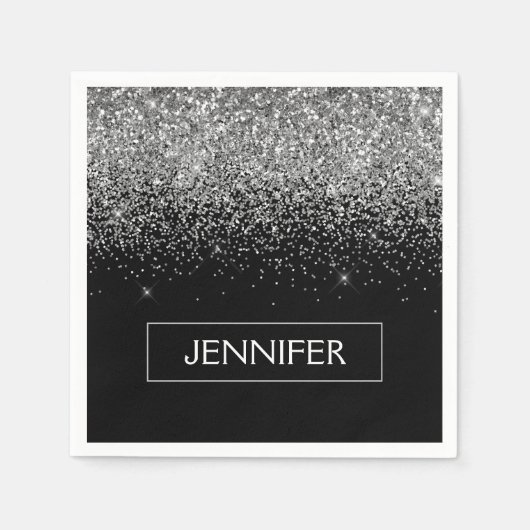 Serviette En Papier Monogram Silver Glam Parties scintillant Nom de l' (Devant)