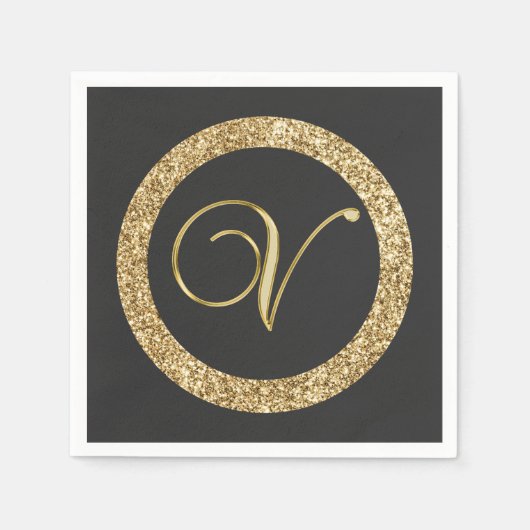 Serviette En Papier Monogram V, élégant script doré (Devant)