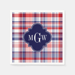 Serviette En Papier Monograme de Red White Blue Preppy Madras