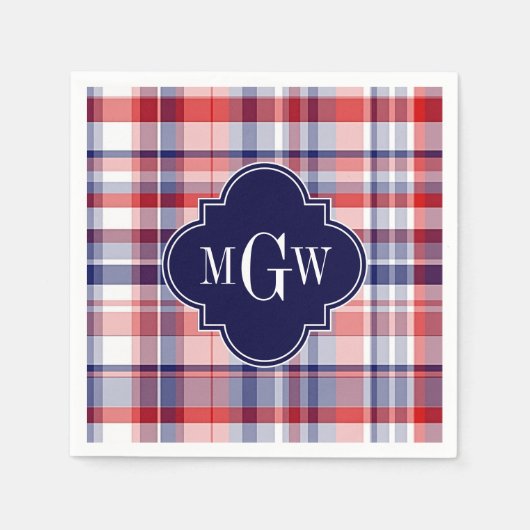 Serviette En Papier Monograme de Red White Blue Preppy Madras (Devant)