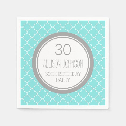 Serviette En Papier Monogramme 30e anniversaire Napkin Aqua Quatrefoil (Devant)