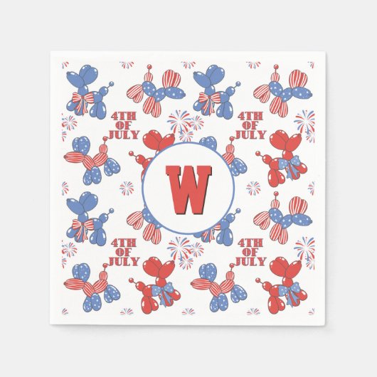 Serviette En Papier Monogramme 4 juillet Chiens À Ballons (Devant)