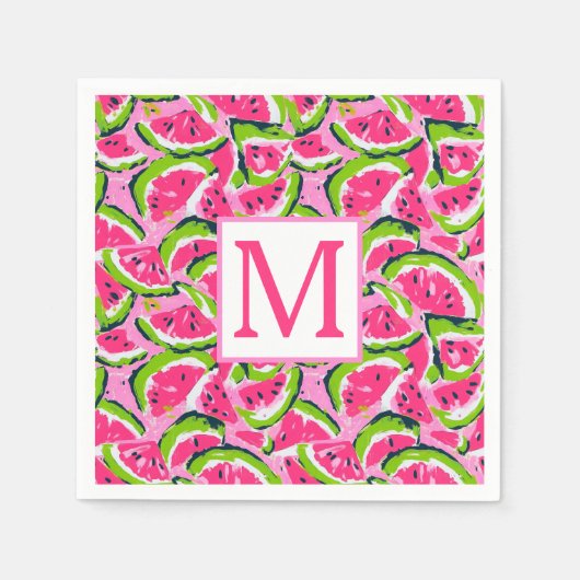 Serviette En Papier Monogramme à motif de tranches de pastèque rose (Devant)
