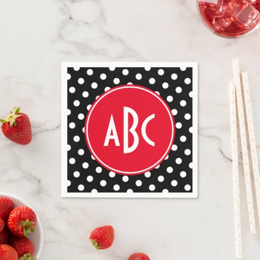 Serviette En Papier Monogramme à points noirs et blancs rouges (En situation)