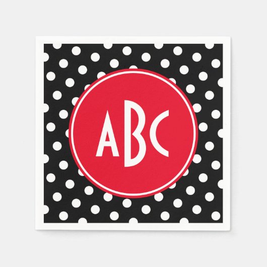 Serviette En Papier Monogramme à points noirs et blancs rouges (Devant)