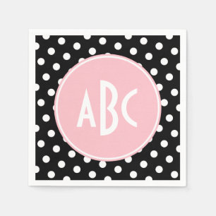 Serviette En Papier Monogramme à points rose blanc et noir