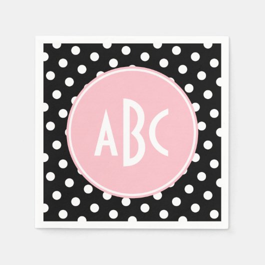 Serviette En Papier Monogramme à points rose blanc et noir (Devant)
