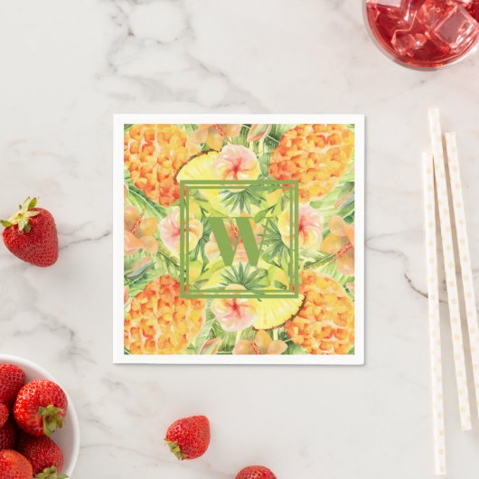 Serviette En Papier Monogramme Ananas Fleurs verdure (En situation)