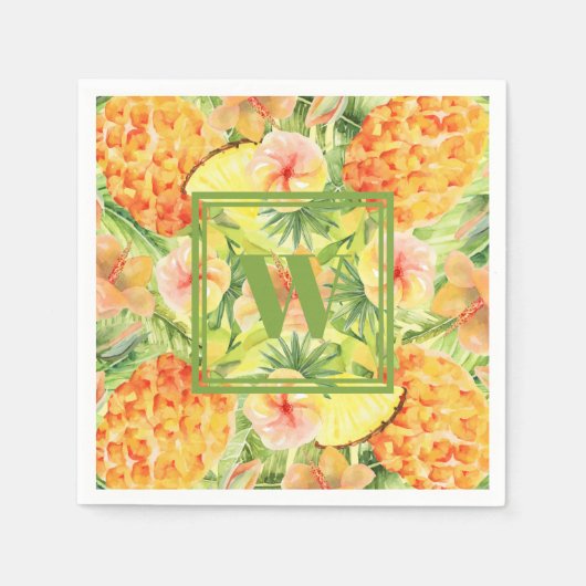 Serviette En Papier Monogramme Ananas Fleurs verdure (Devant)