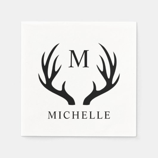 Serviette En Papier Monogramme Antler Cerf Blanc Et Noir Personnalisab (Devant)