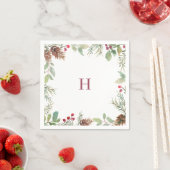 Serviette En Papier Monogramme Aquarelle de Noël Vert Berry (En situation)
