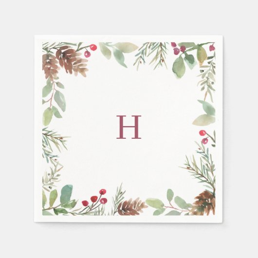 Serviette En Papier Monogramme Aquarelle de Noël Vert Berry (Devant)